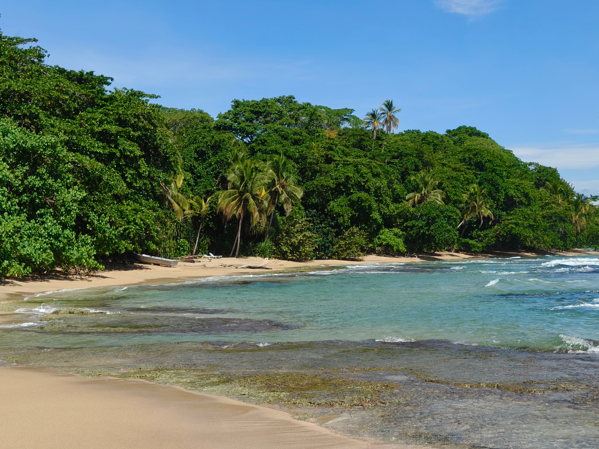 Quiet bay with rocky shallows and rainforest backdrop