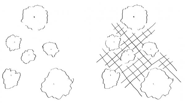 Concept sketch — pergola grid woven through existing trees