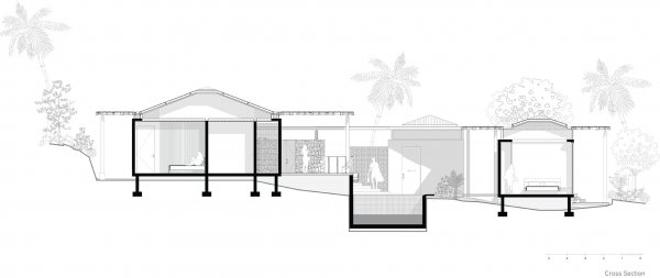 Cross section drawing showing pavilions, courtyard, and surrounding jungle