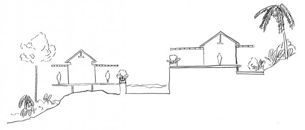 Hand-drawn site section showing pavilions stepping down the slope